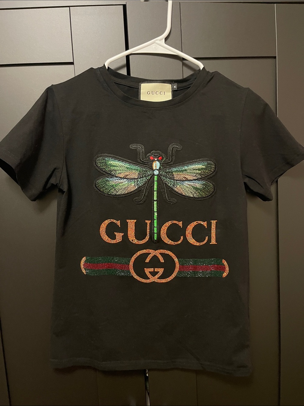 Gucci Black Tee with Metallic Dragonfly and Signature Stripe